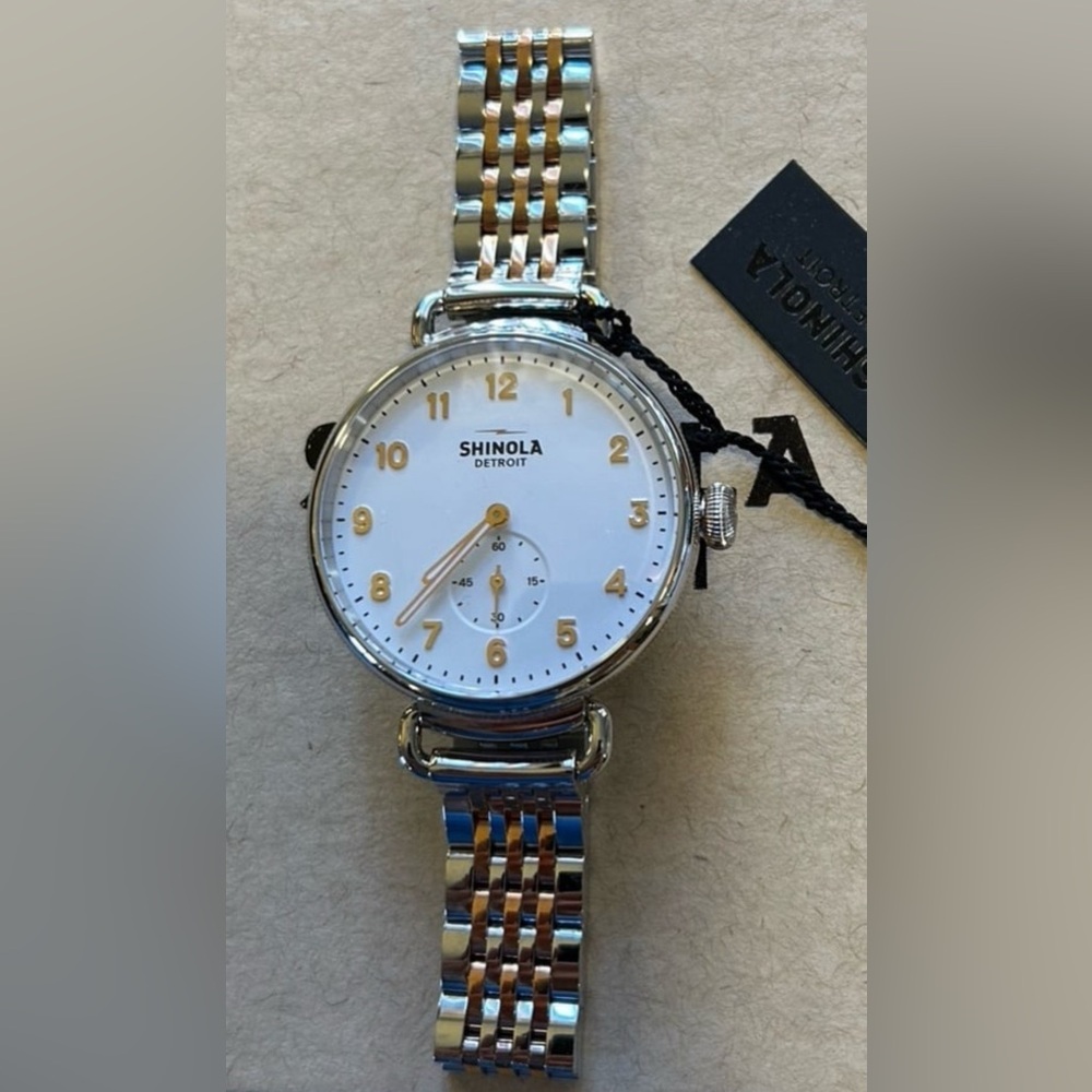 Shinola Canfield Watch with 38mm White Face & Silver & Rose Gold Breclet